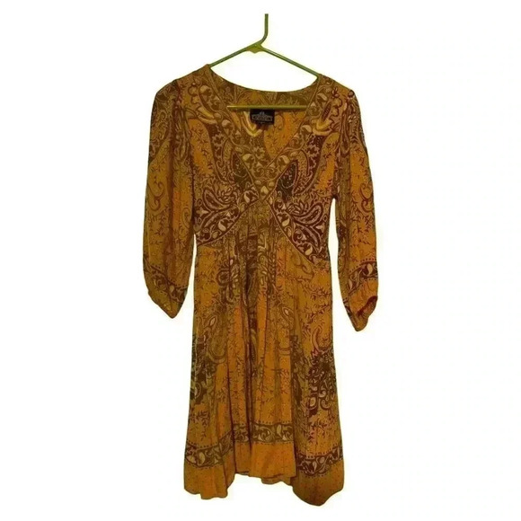 Angie Boho Mustard Yellow Long Dress Ethnic Print Ruffled Hem  Women Size Small - Picture 2 of 6